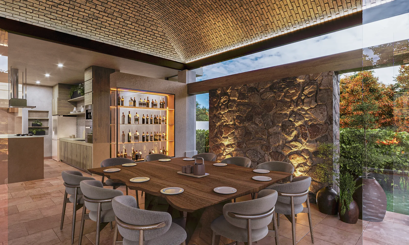 Render del anteproyecto de un comedor para una casa residencial en Puebla